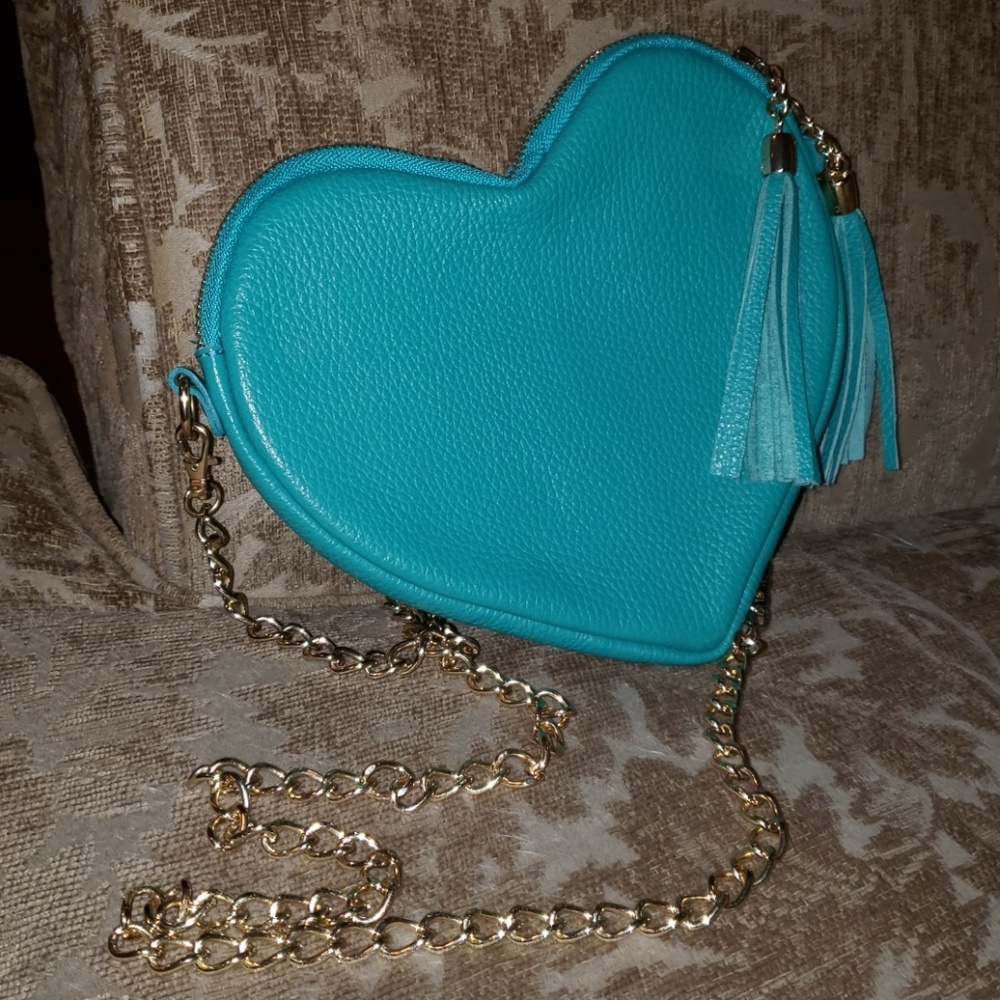 Turquoise Blue Leather Heart Crossbody Bag